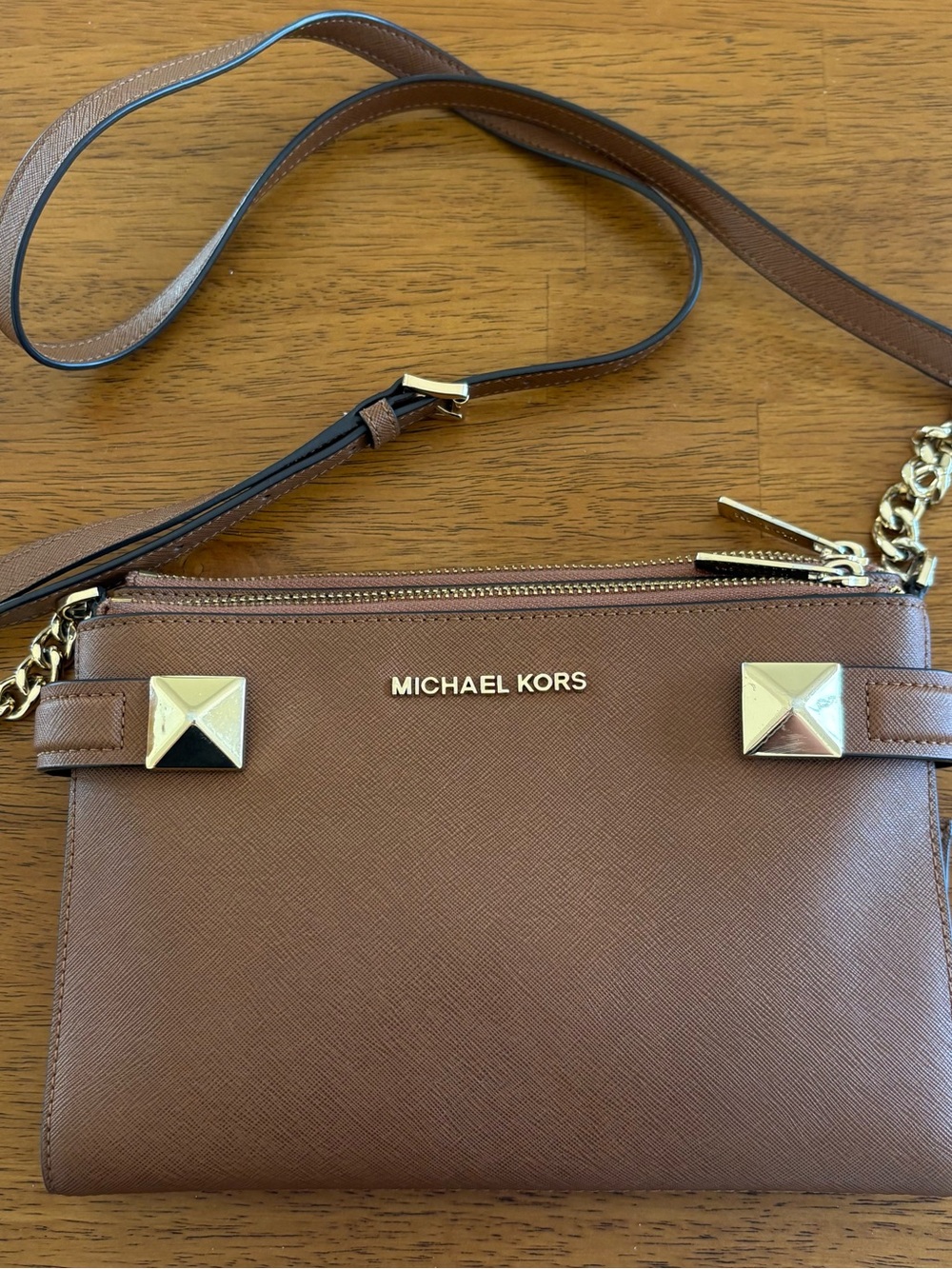 Michael Kors Brown Saffiano Crossbody with Gold Accents